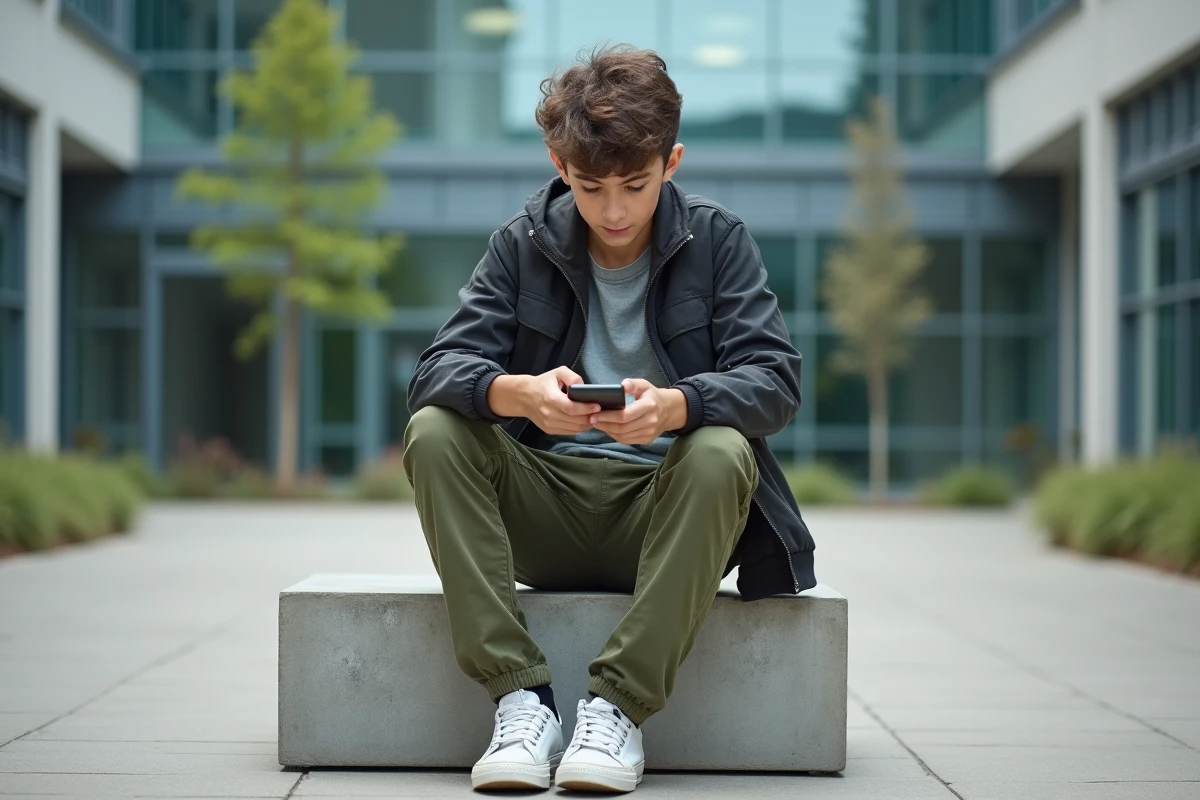 Adolescent en cargo pants et veste de sport assis dans la cour d'un lycée, tendances mode jeune homme
