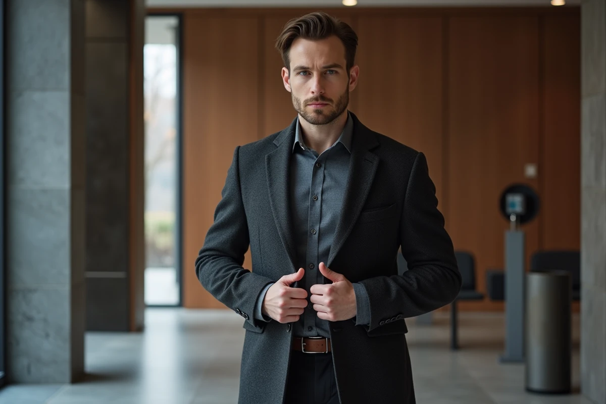 Homme superposant manteau et costume pour se protéger du froid à l'entrée d'un immeuble