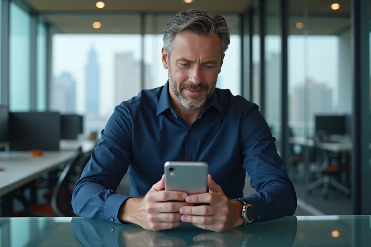 Homme en bureau consultant l'application ChatGPT sur smartphone pour supprimer l'historique des conversations