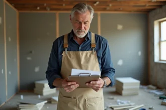 Artisan plombier en tablier consultant une facture sur un chantier de rénovation de cuisine