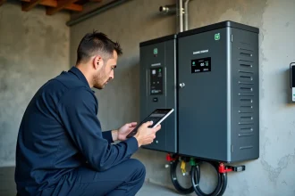 Technicien inspectant un système de batterie de stockage domestique pour autoconsommation solaire dans un garage
