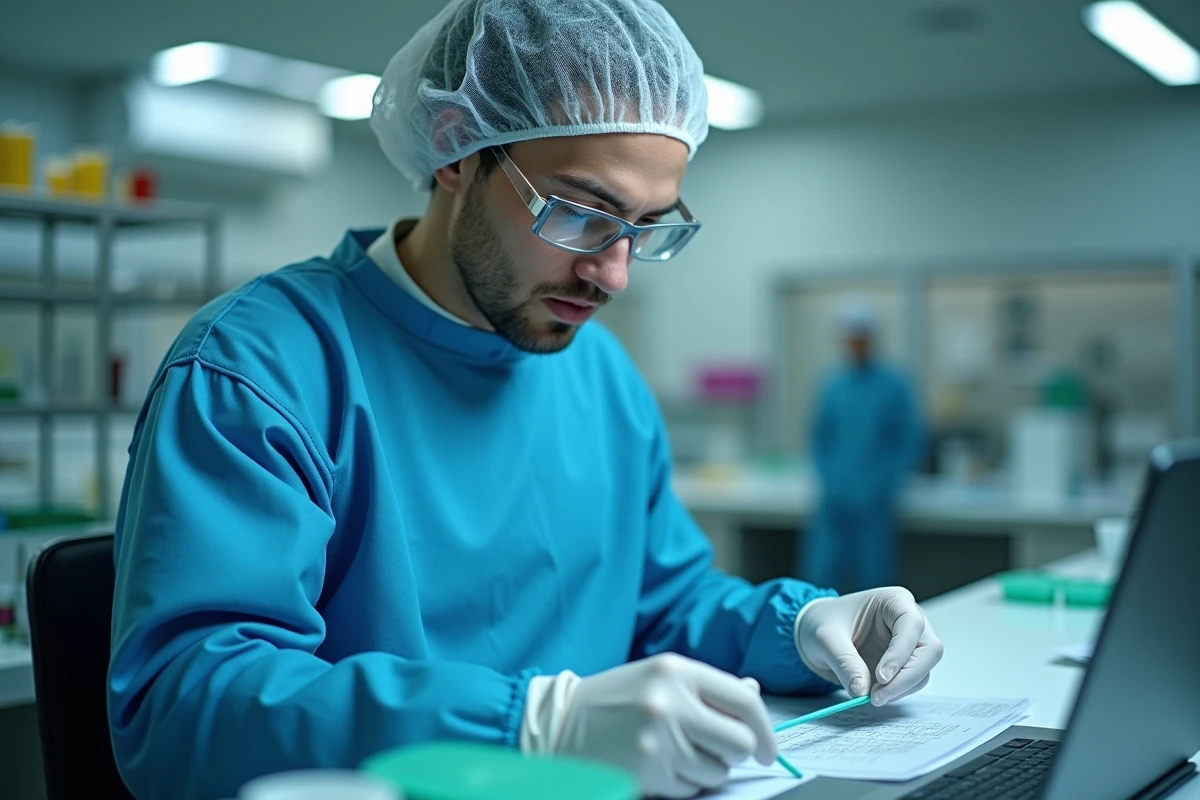 Technicien qualité prélevant un échantillon alimentaire en laboratoire dans le cadre de la norme ISO 22000