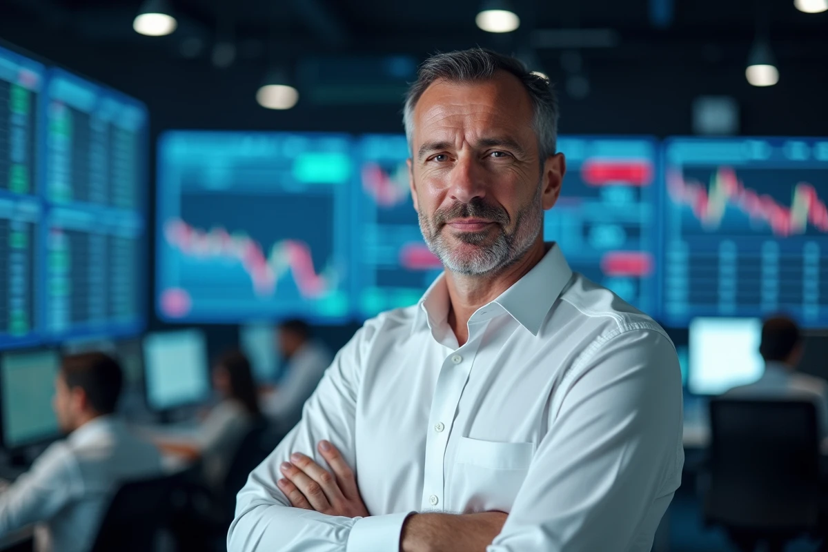 Analyste financier senior devant un tableau de bord d'indices boursiers en temps réel dans une salle de marché française