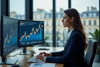 Femme cadre analysant des graphiques financiers d'investissement sur un double écran dans un bureau moderne à Paris