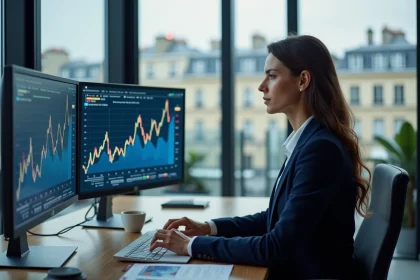 Femme cadre analysant des graphiques financiers d'investissement sur un double écran dans un bureau moderne à Paris