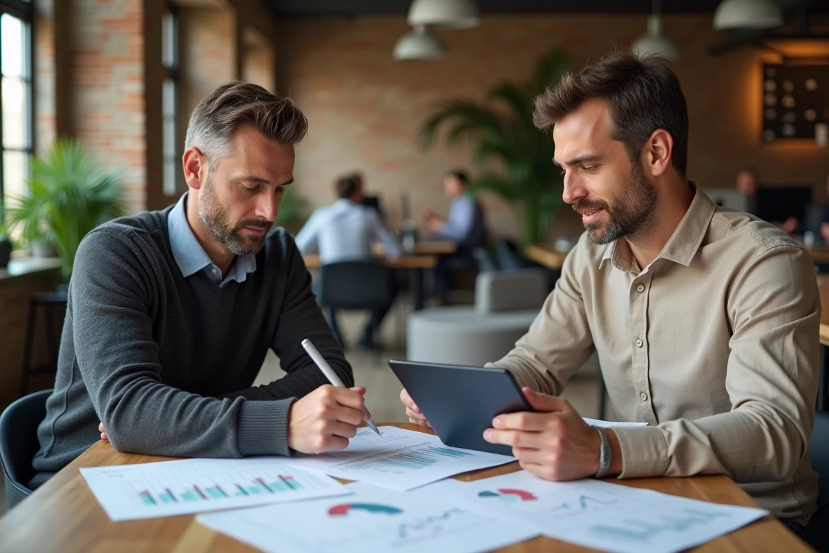 Deux investisseurs professionnels analysant des documents financiers et des tendances d'investissement dans un espace de coworking à Lyon