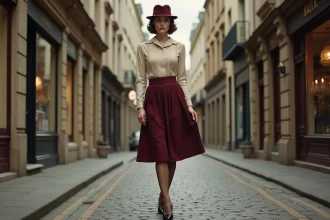 Femme des années 1940 en tenue civile authentique avec jupe en laine bordeaux, chemisier crème à épaulettes et chapeau à voilette sur une rue pavée européenne