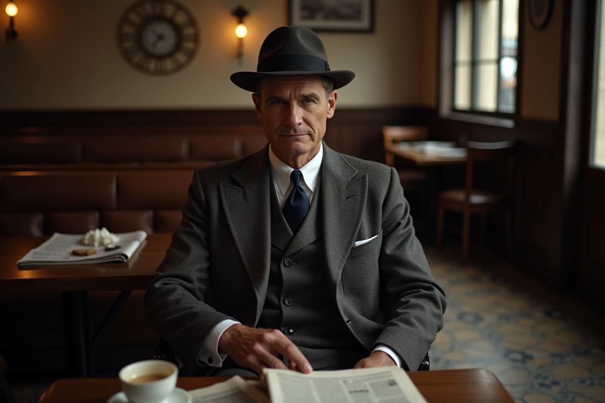Homme en costume double boutonnage années 1940 avec chapeau fedora et journal, assis dans un café européen aux sols carrelés