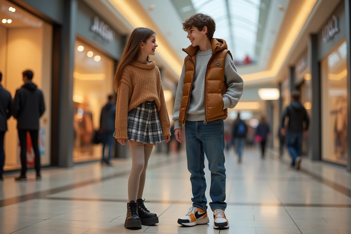 Deux adolescents en tenue streetwear tendance dans un centre commercial, mode ado fille et garçon