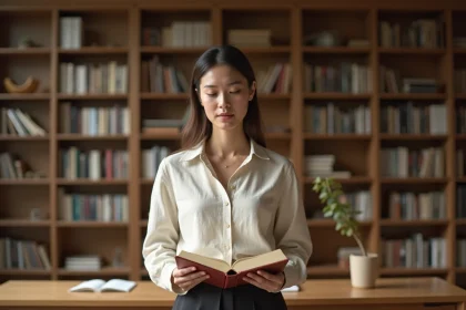 Femme consultant un dictionnaire dans une bibliothèque moderne pour trouver le terme neutre de joli