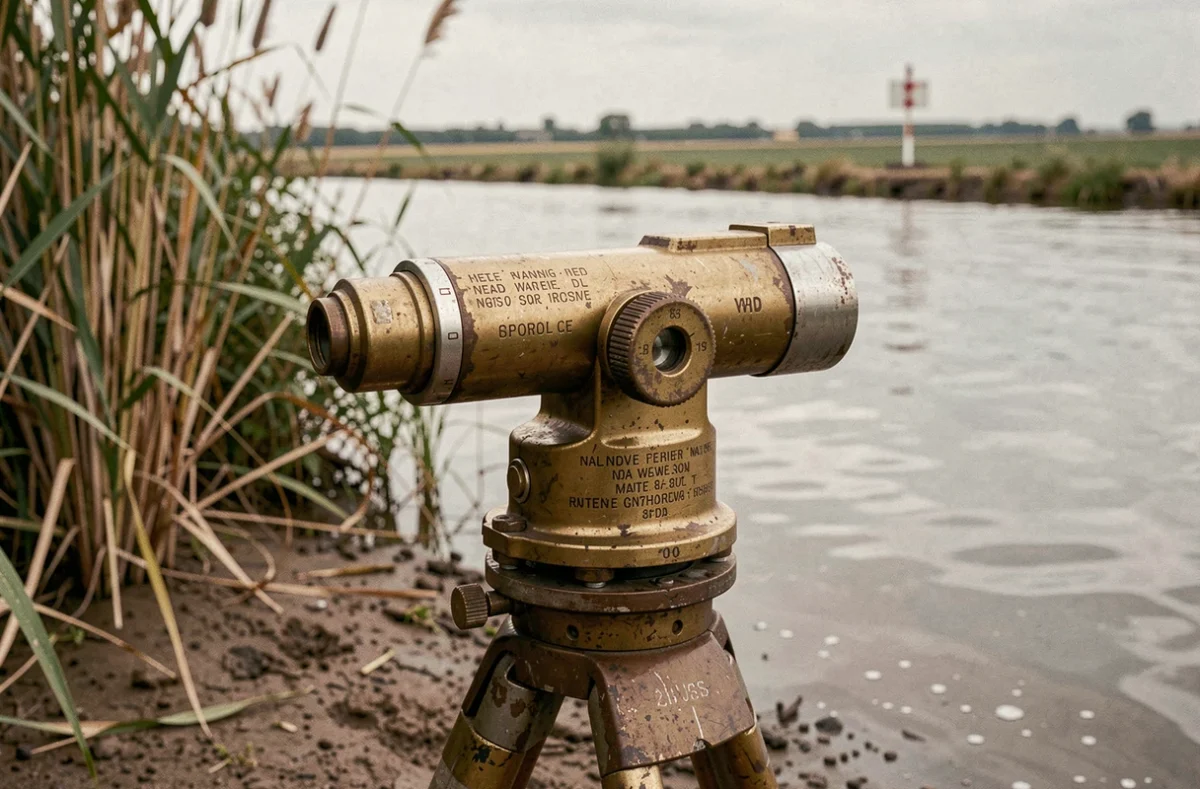 Théodolite en laiton ancien posé sur un trépied au bord boueux du Danube utilisé pour les mesures de rectification du fleuve