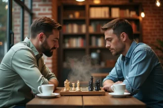 Deux hommes jouant aux échecs dans un café, illustrant la prise de décision stratégique et la théorie des jeux