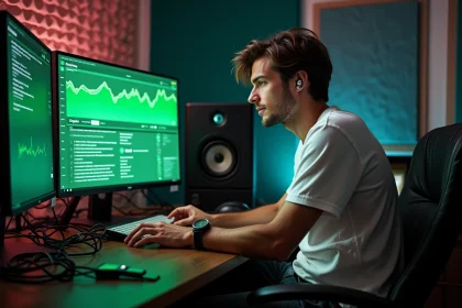 Artiste masculin dans un studio d'enregistrement regardant les statistiques Spotify Monde sur un écran
