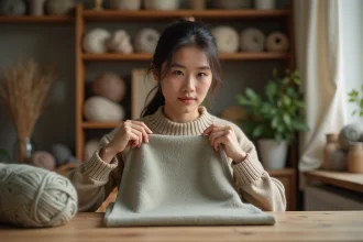 Femme inspectant un tissu tricoté en laine mérinos lisse et sans bouloche dans un atelier de tricot chaleureux