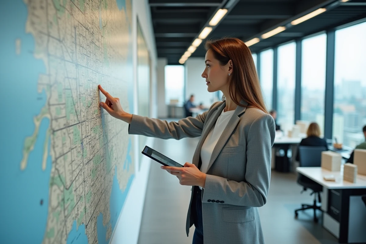 Urbaniste française analysant une carte cadastrale dans un bureau municipal moderne, représentant l'étude des grands propriétaires fonciers en France