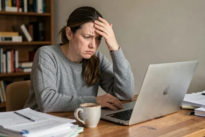 Femme frustrée devant son ordinateur portable exprimant sa mécontentement envers un service en ligne