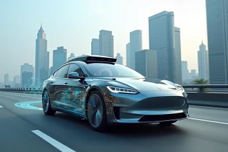 Véhicule électrique moderne équipé de capteurs ADAS sur autoroute urbaine, illustrant la différence entre voiture automatisée et autonome