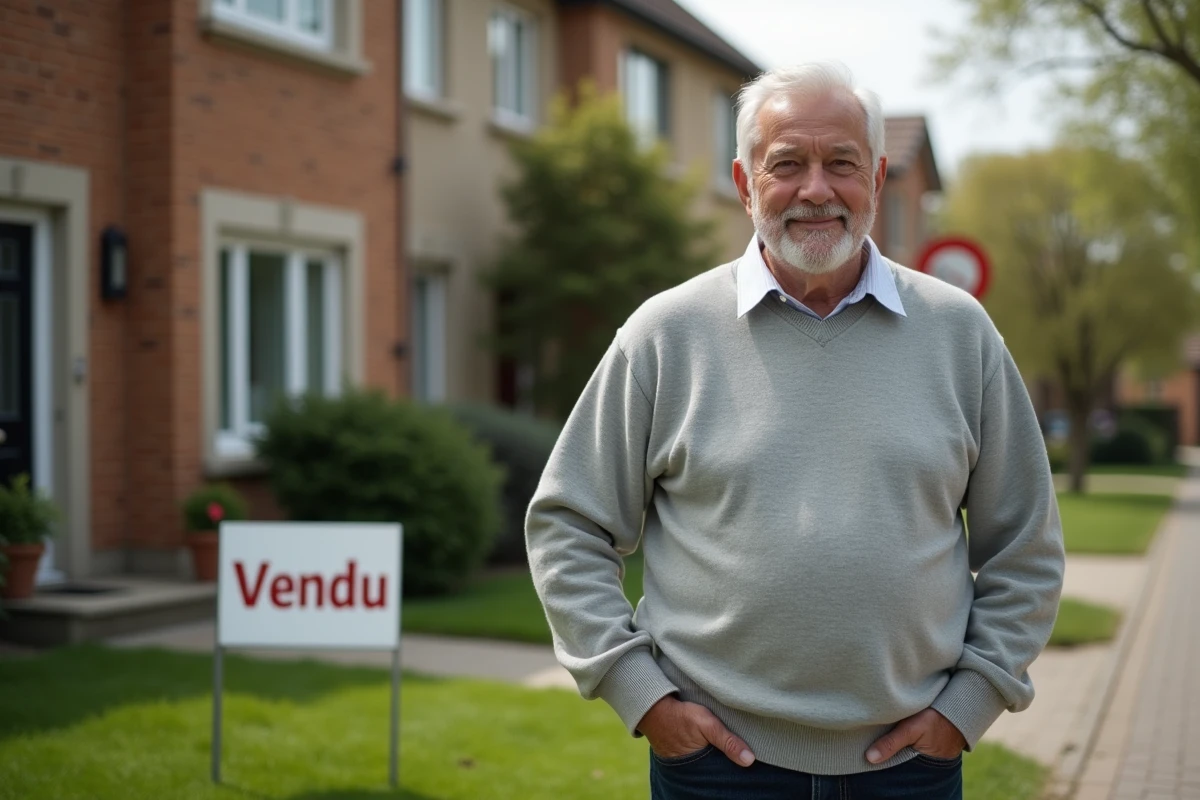 Propriétaire devant sa maison vendue avec panneau vendu, illustrant l'exonération de plus-value sur résidence principale