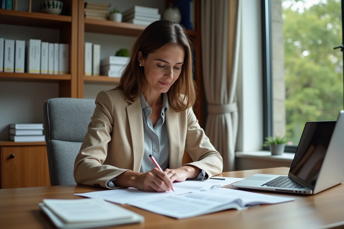 Femme vérifiant la fiabilité d'un promoteur immobilier en consultant des documents et des avis en ligne dans un bureau à domicile