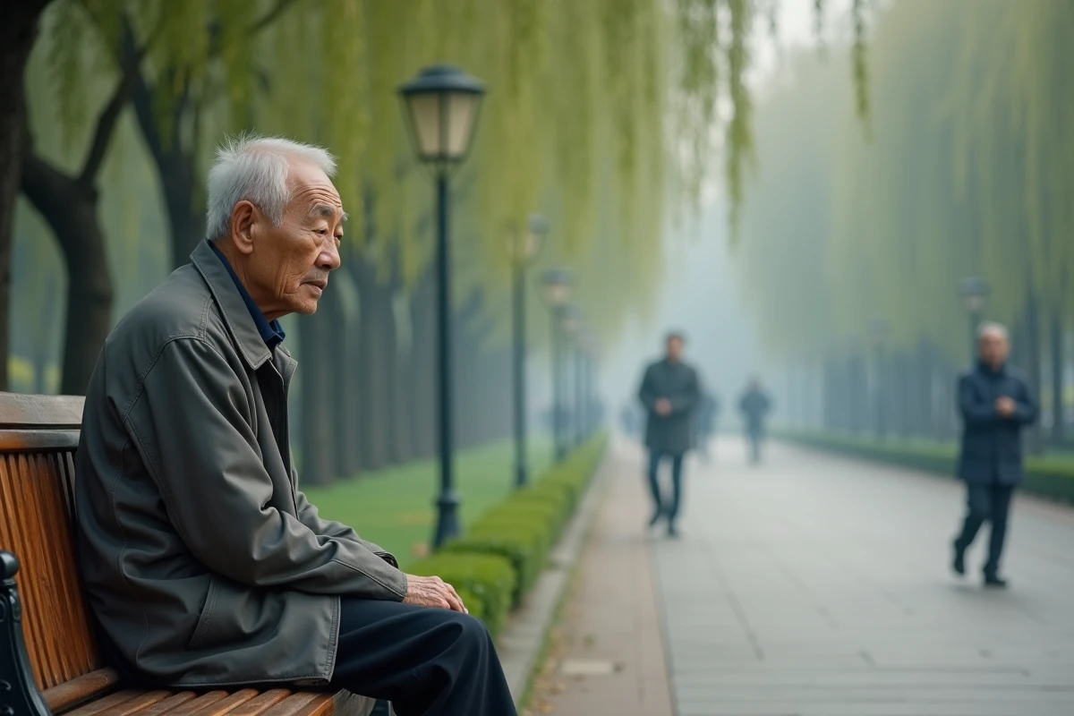 Homme âgé chinois assis seul dans un parc de Pékin symbolisant le vieillissement accéléré de la population en Chine