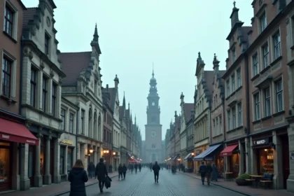 Place centrale d'une ville belge historique avec pavés et maisons de guild gothiques