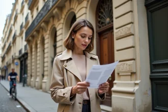 Femme devant un immeuble haussmannien à Paris consultant une annonce immobilière, illustrant le coût de la vie dans les villes françaises les plus chères