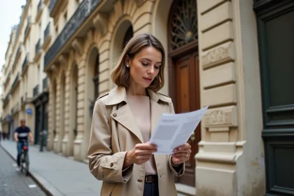 Femme devant un immeuble haussmannien à Paris consultant une annonce immobilière, illustrant le coût de la vie dans les villes françaises les plus chères