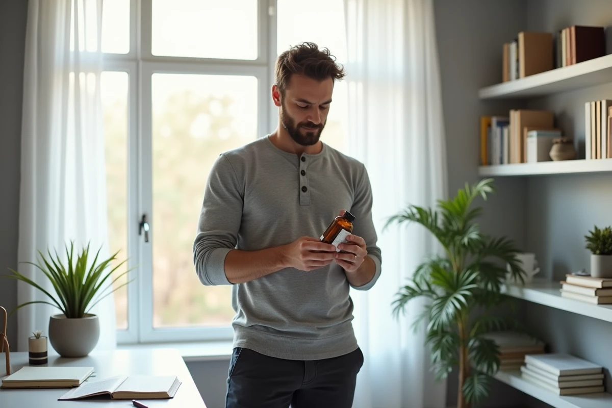 Homme tenant un flacon de vitamine D près d'une fenêtre, illustrant la prise de compléments alimentaires pour améliorer l'humeur en hiver