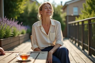 Femme assise sur une terrasse ensoleillée, visage tourné vers le ciel, illustrant l'effet de la vitamine D sur l'humeur et le bien-être