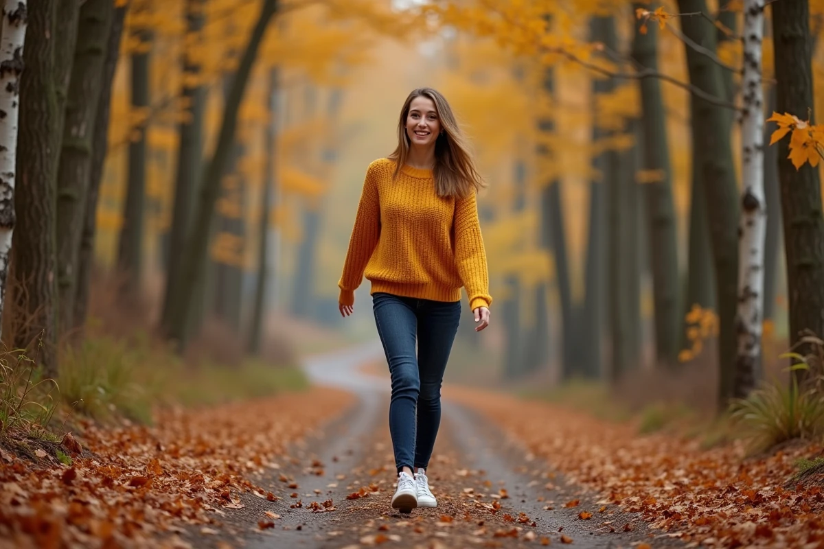 Jeune femme marchant en forêt en automne, symbolisant les bienfaits de l'exposition au soleil et de la vitamine D sur l'humeur et l'énergie