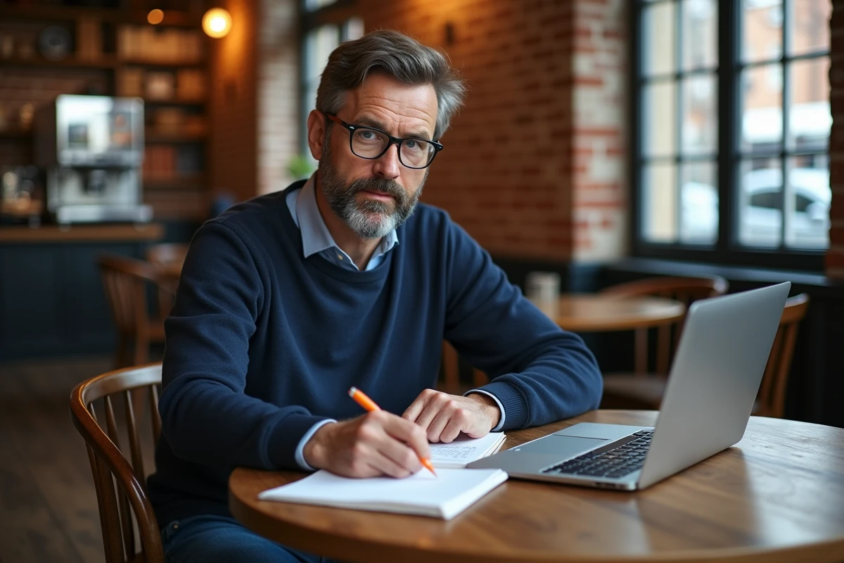 Homme prenant des notes dans un café en cherchant un vocabulaire neutre et alternatif au mot joli