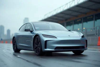 Voiture électrique futuriste sur une piste de test urbaine, symbole de l'avenir de l'industrie automobile