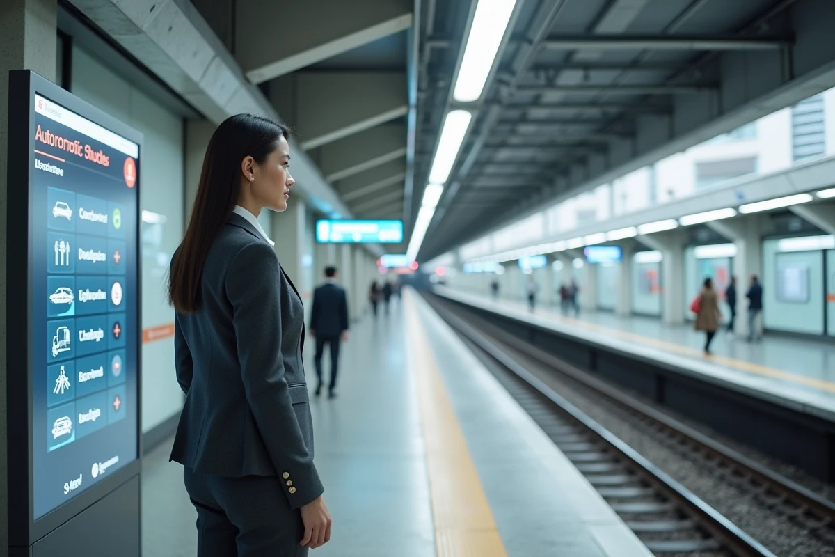 Femme professionnelle dans une station de métro futuriste consultant un tableau de départs multimodal